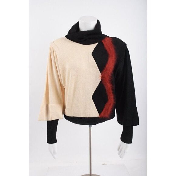 Vintage 1980s Betsy McKnight Womens Sweater Turtleneck S Black White Hand loomed - Picture 1 of 6